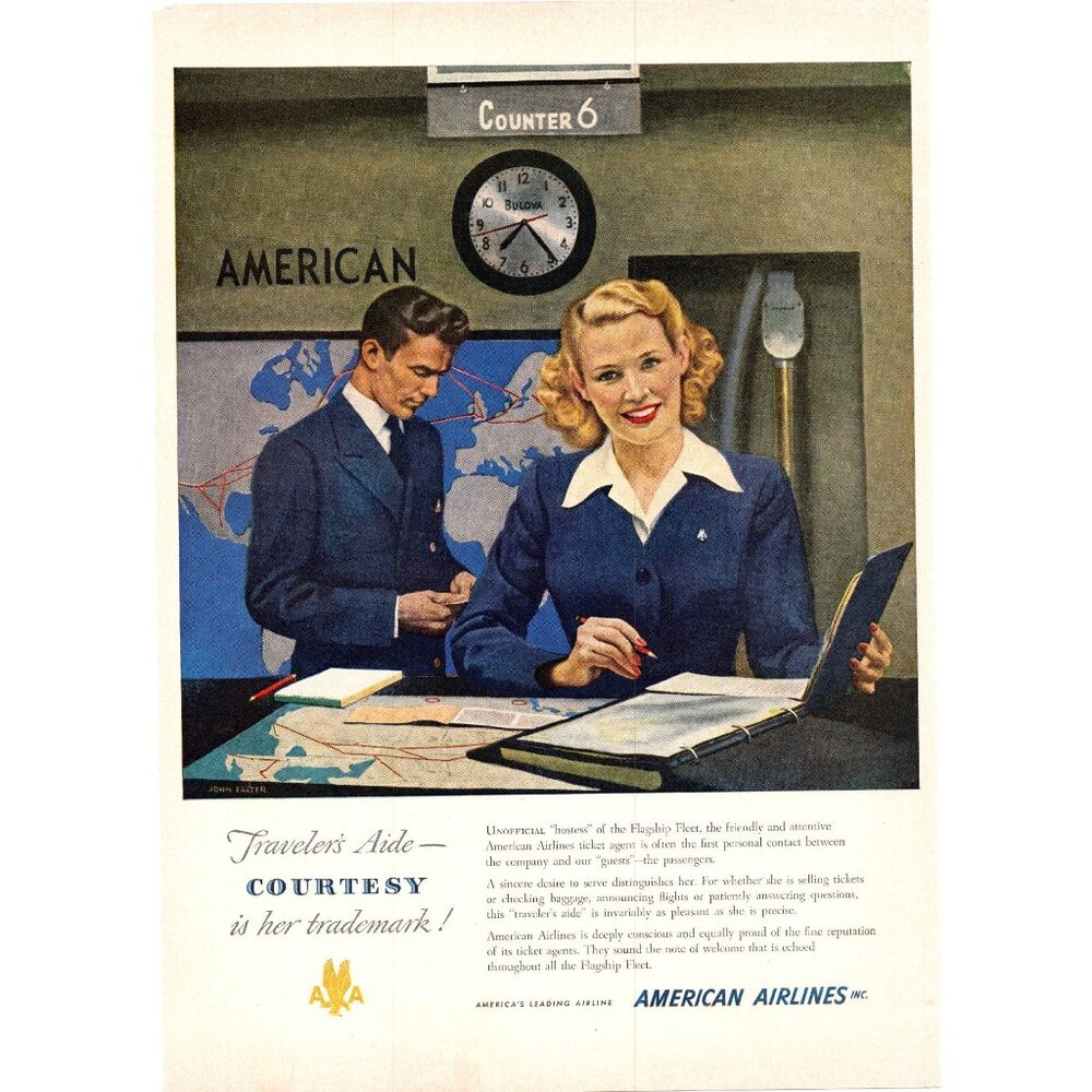 1949 American Airlines Hostess Ticket Counter Agent Vintage Print Ad AA Wall Art